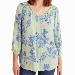 Talbots Floral Smocked Peasant Blouse Size Medium Green Blue Boho Spring Casual